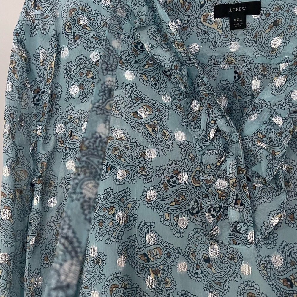 J.Crew XXL Metallic Chiffon Paisley Top Ruffle Neck Sheer Boho Blouse - Picture 7 of 7